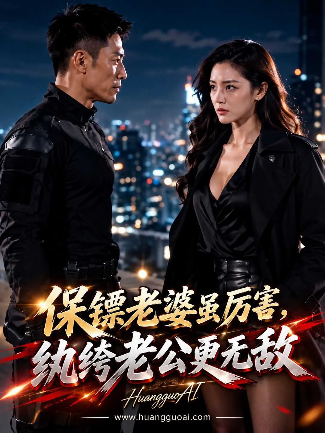 黄果短剧魔改版海报：都市夜景下男女主角对峙