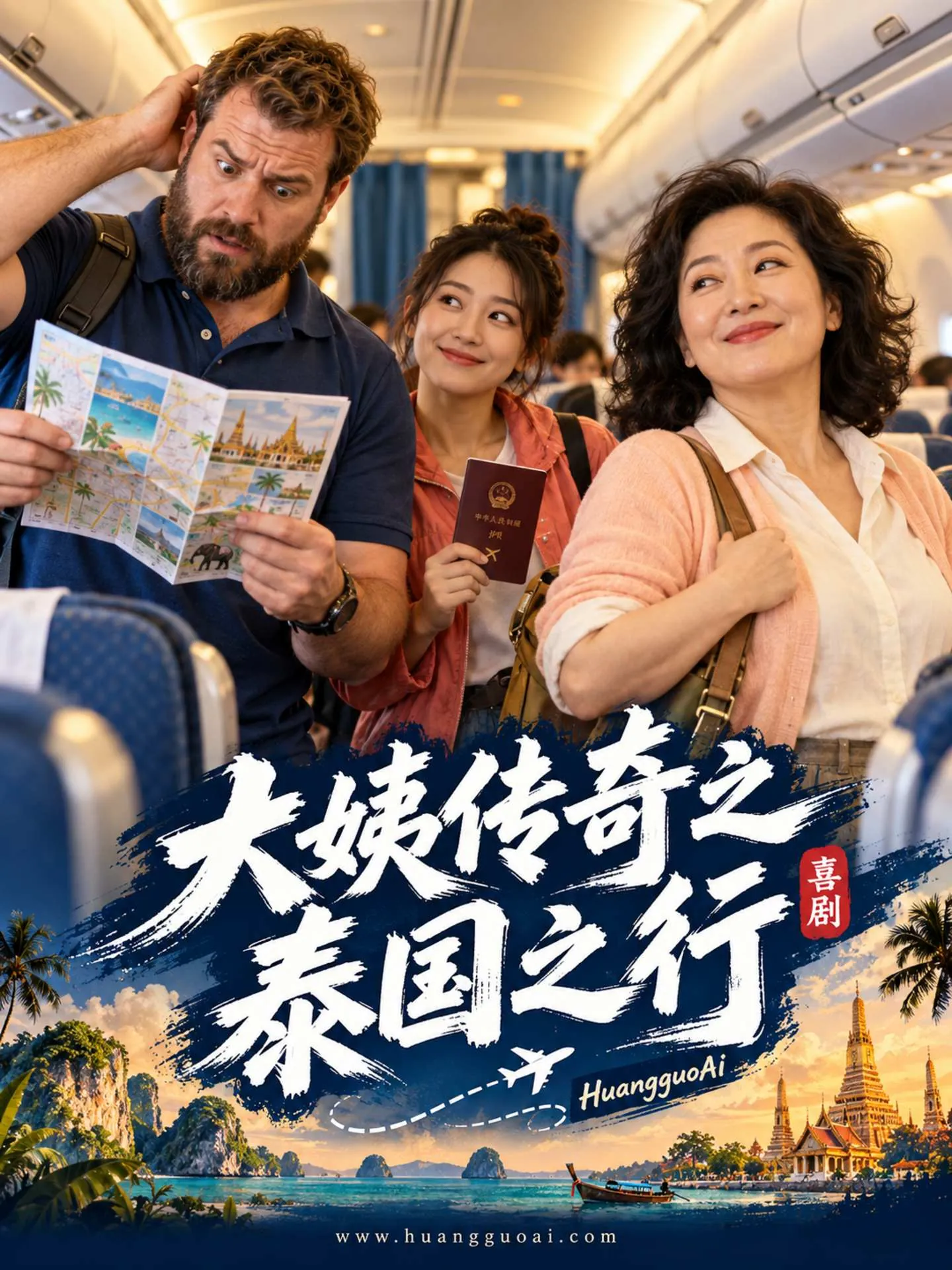 飞机客舱里拿着地图的外国男子与两位中国女性，合家欢喜剧海报