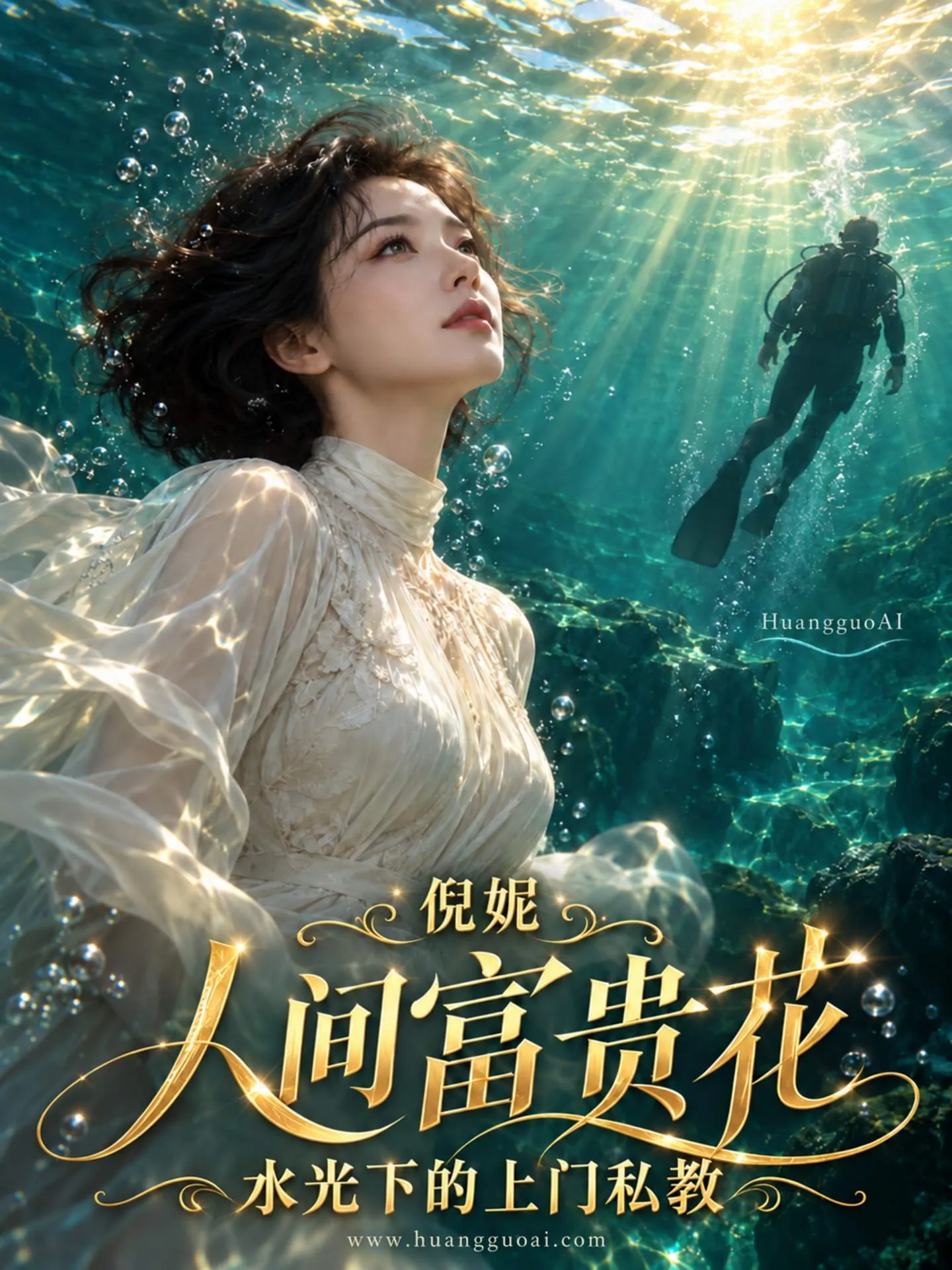 水下宫殿场景中一位白衣女子与潜水员，奇幻题材海报