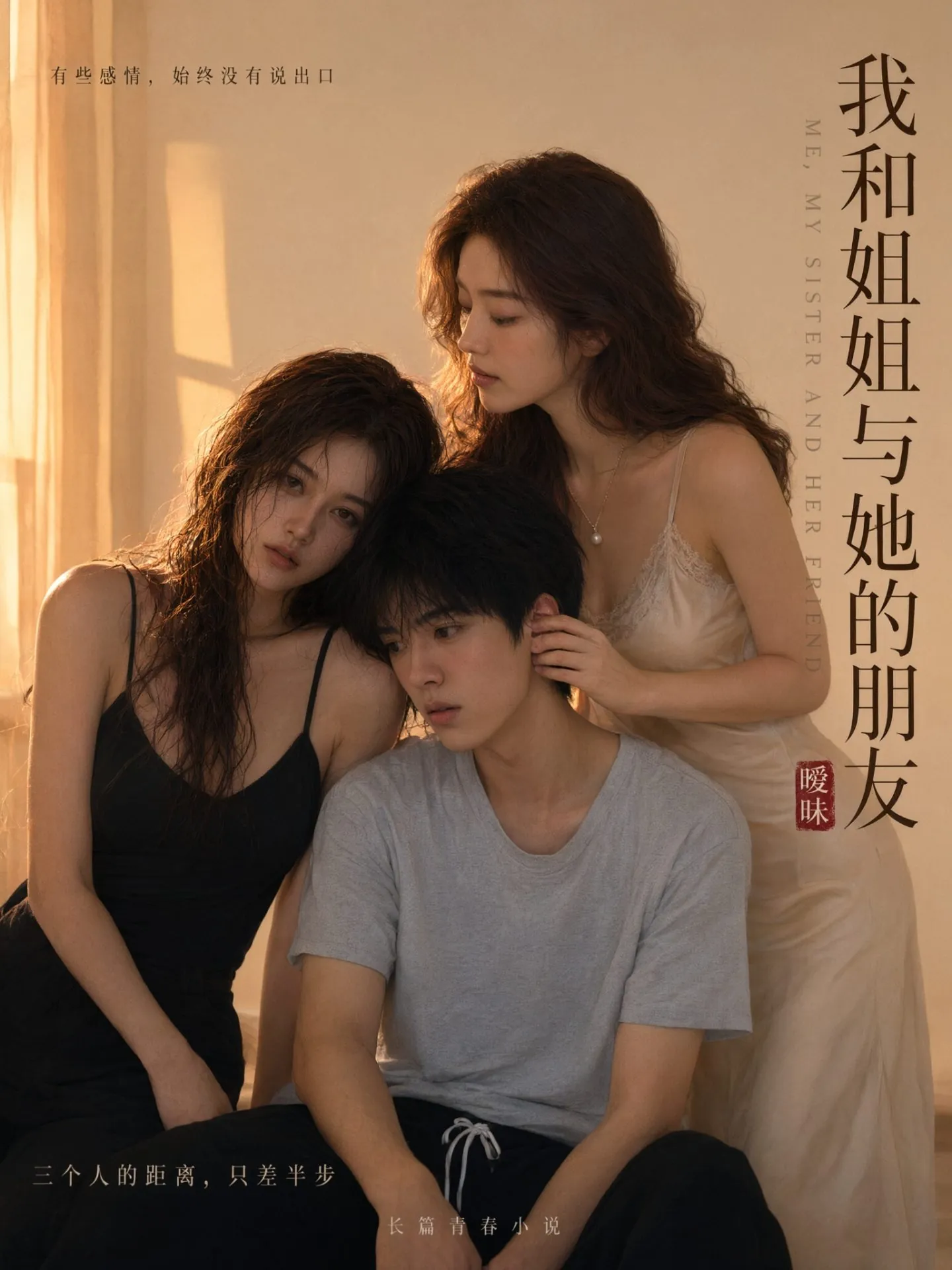 暖光房间里三个人靠在一起，青春情感题材海报