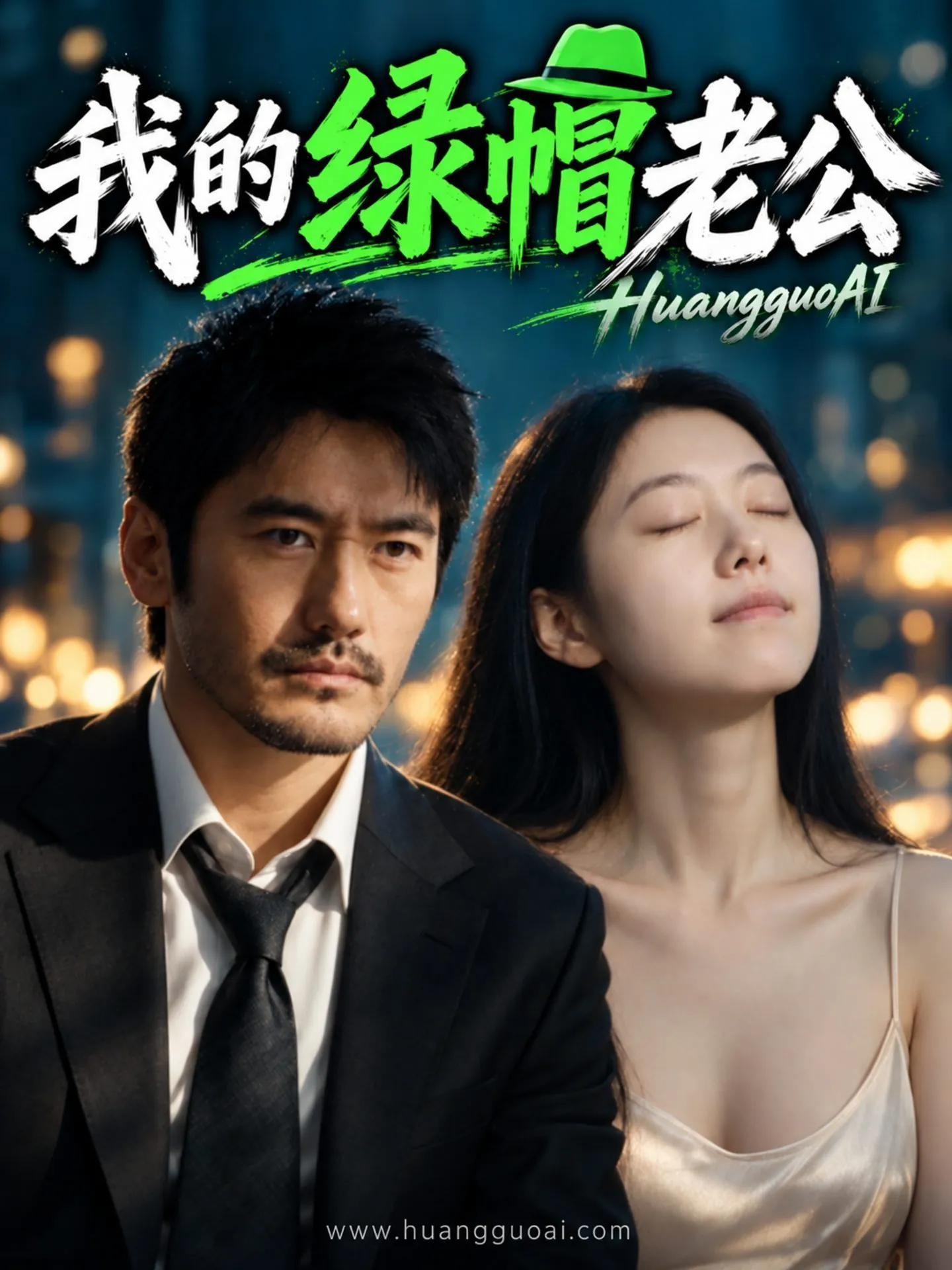 穿西装的男子与闭眼抬头的女子，都市情感题材海报