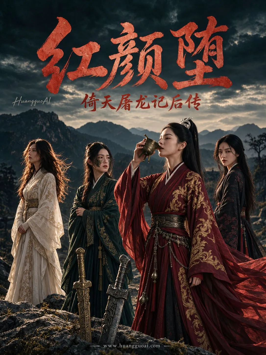 黄果短剧魔改版海报：古装红衣女子举杯与三位同伴并肩